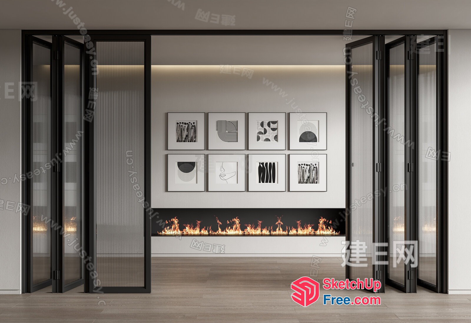 Modern Fireplace With Artwork And Glass Doors 3D SketchUp File
