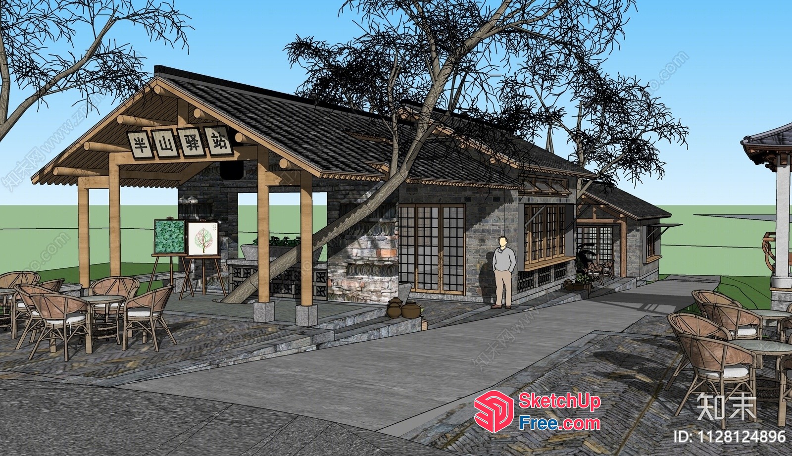 Traditional Japanese-Style Outdoor Dining Area With Stone And Wood Accents 3D SketchUp File