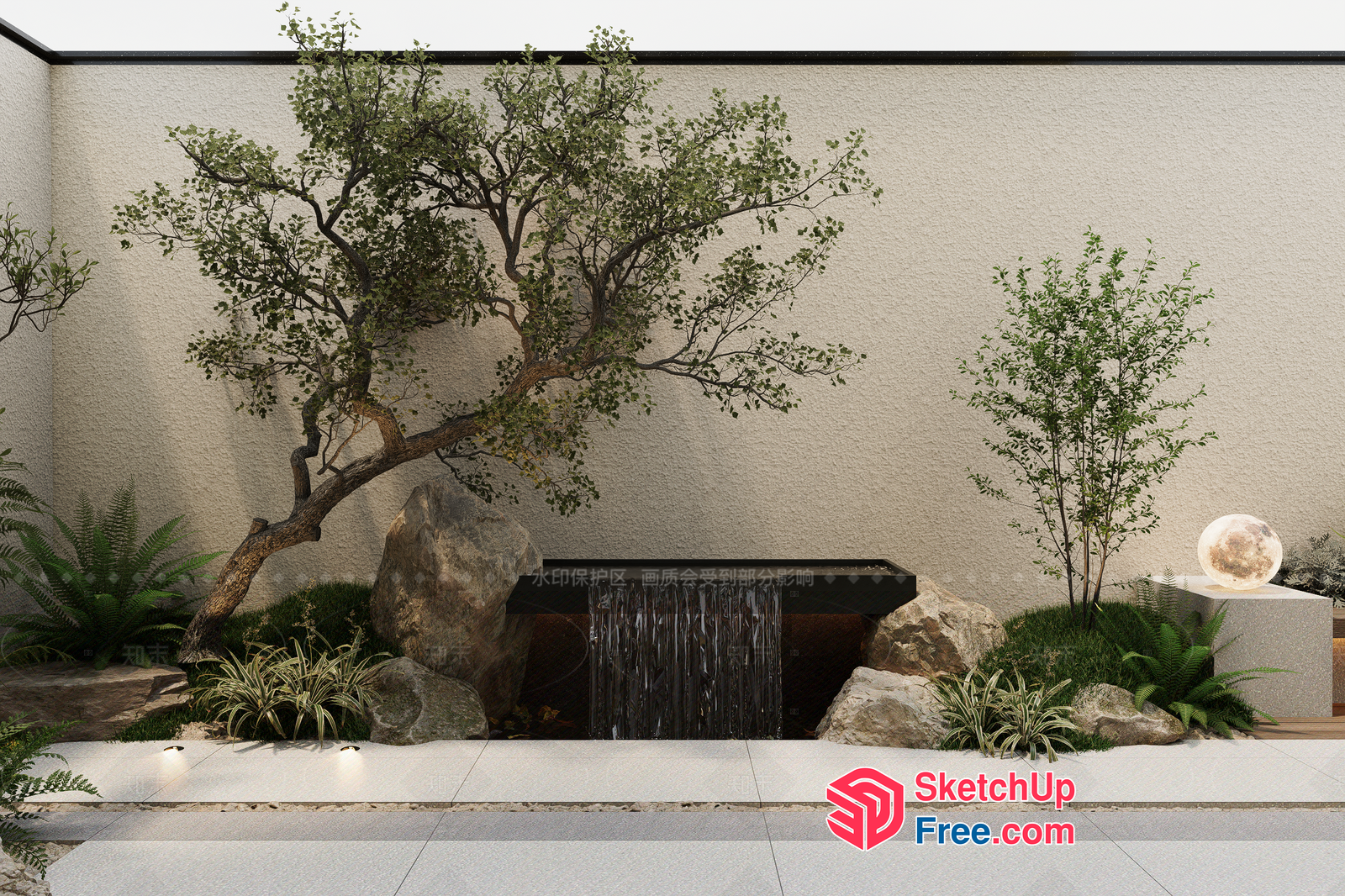 Elegant Waterfall Feature With Lush Greenery And Natural Stones 3D SketchUp File