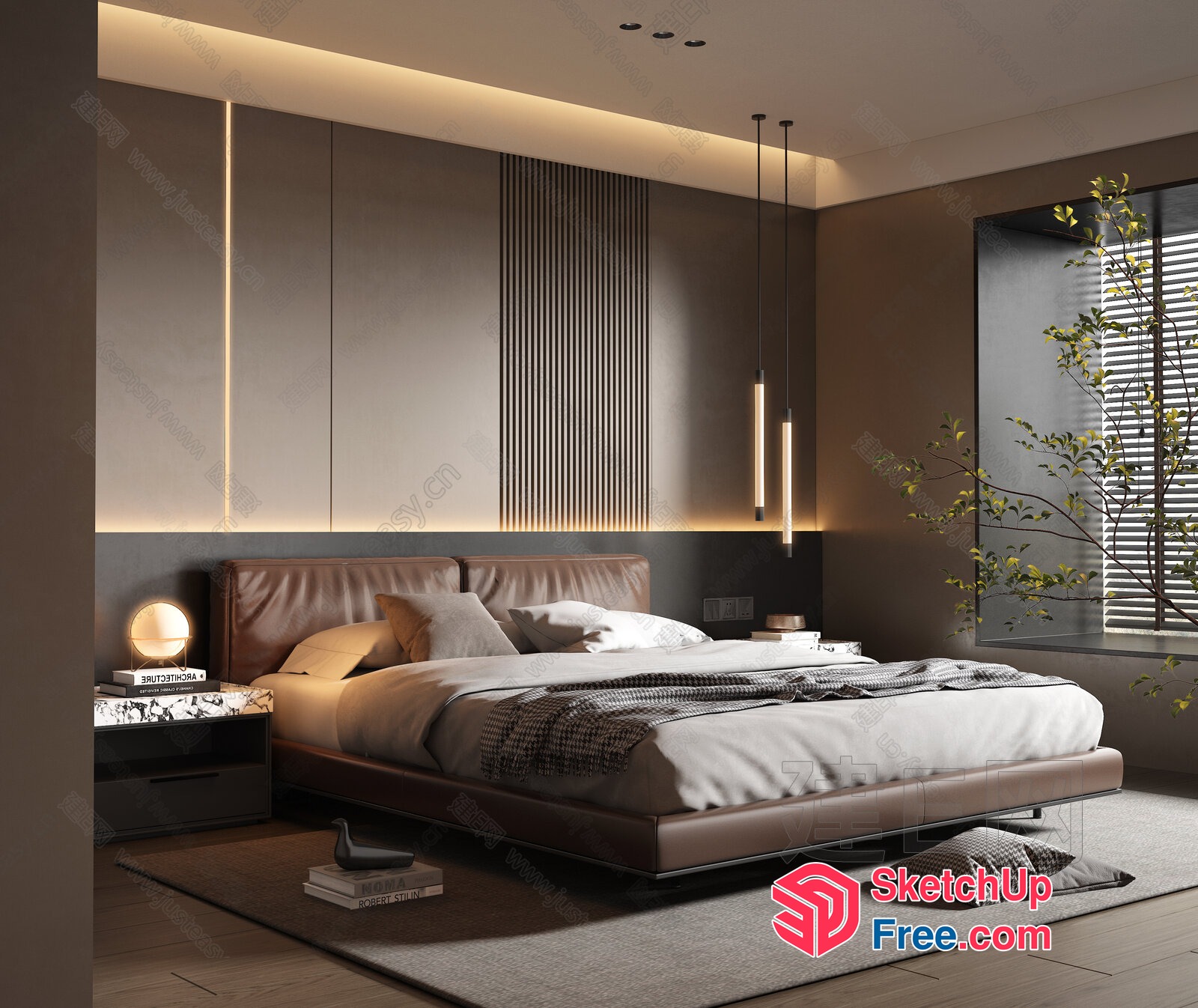 Modern Minimalist Bedroom With Brown Leather Bed And White Bedding 3D SketchUp File