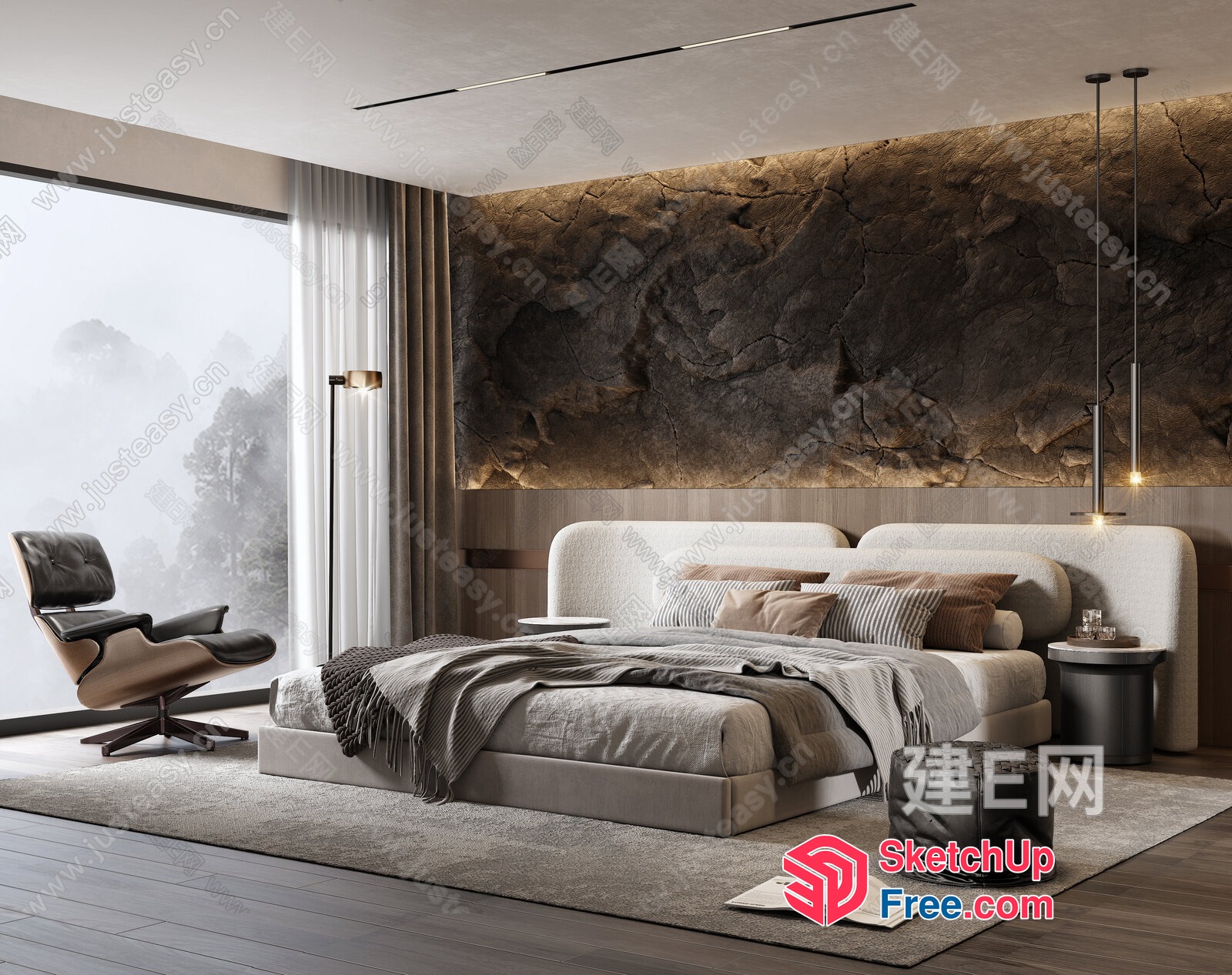 Modern Minimalist Bedroom With Natural Stone Accent Wall 3D SketchUp File