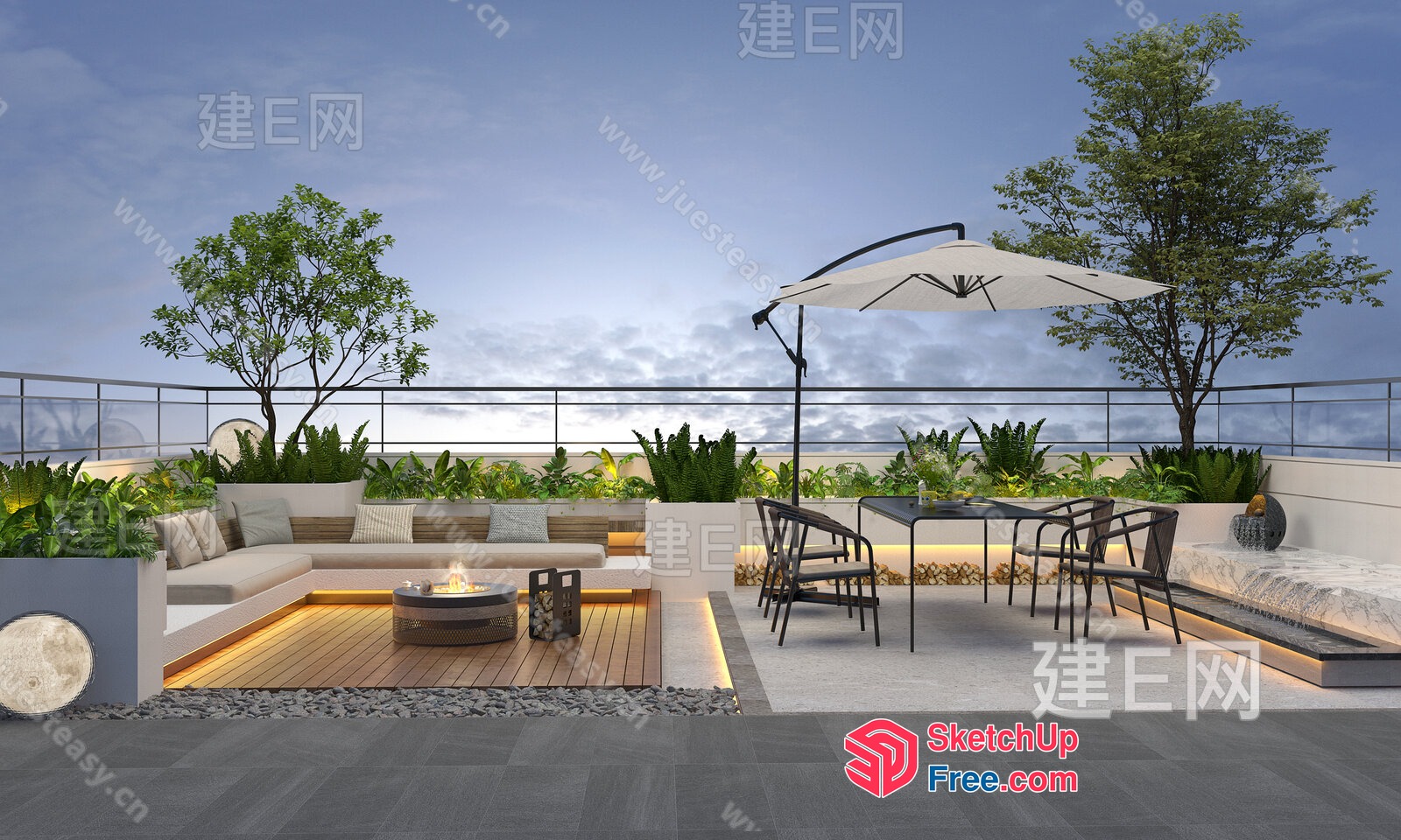 Modern Outdoor Living Space With Fire Pit And Dining Area 3D SketchUp File