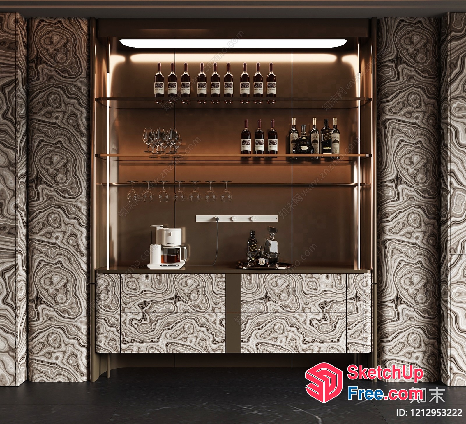 Modern Bar With Wine Bottles And Glasses 3D SketchUp File
