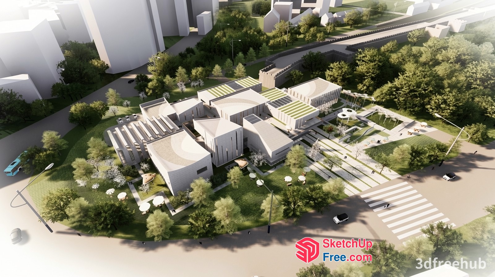 Modern White Building With Green Spaces And Parking Area 3D SketchUp File