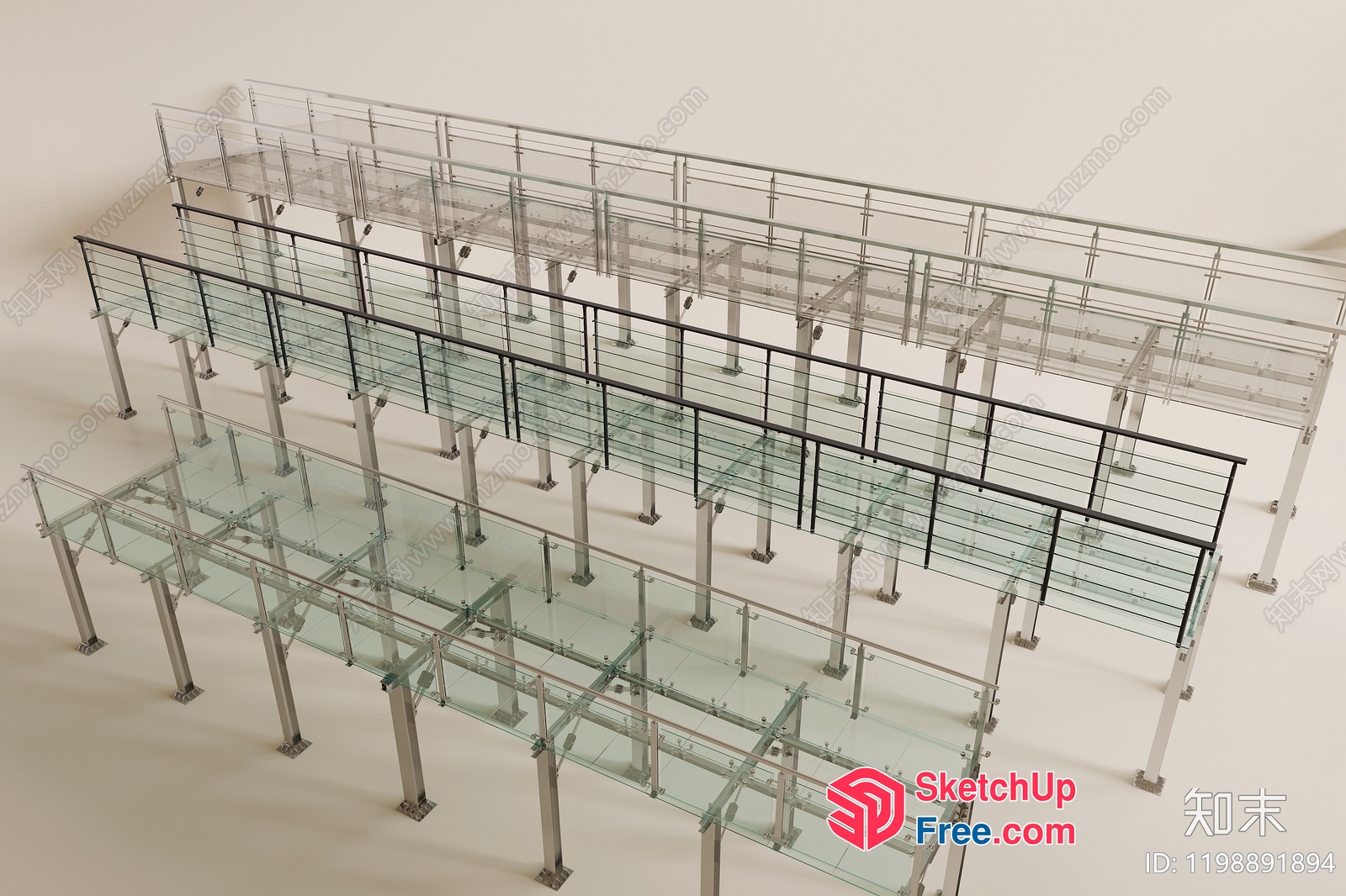 Glass Curtain Wall With Stair And Railing 3D SketchUp File