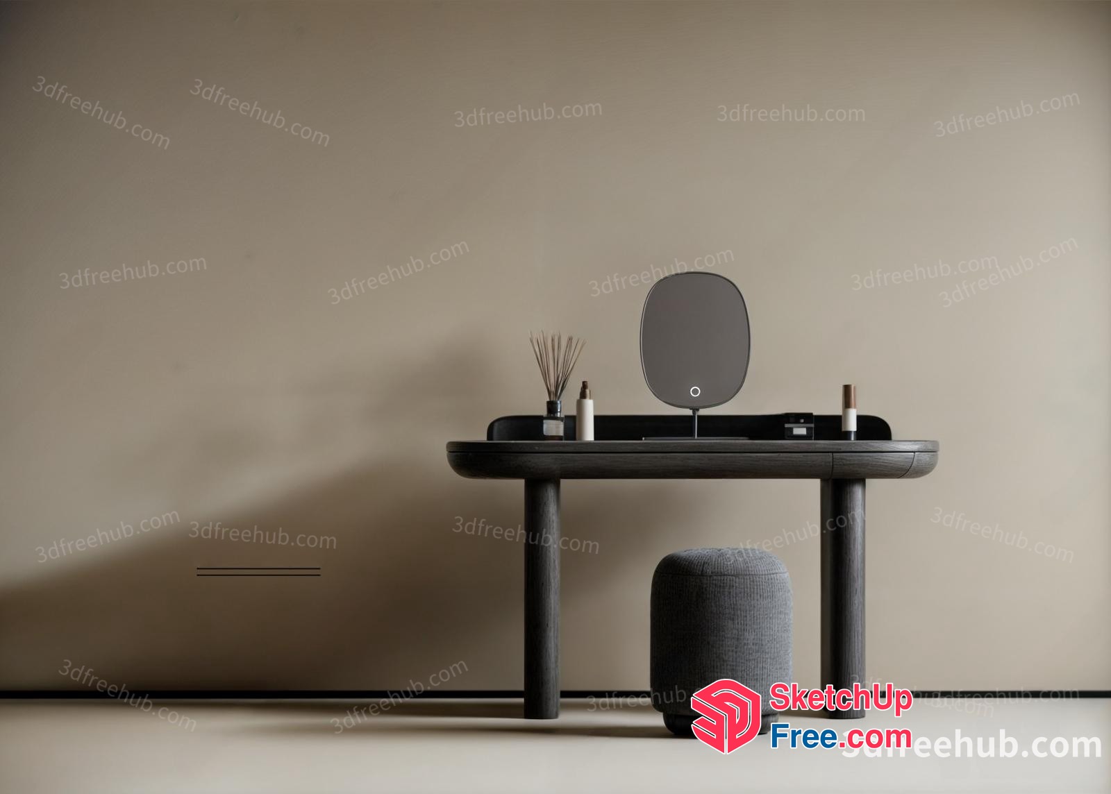 Minimalist Black Vanity Table With Mirror And Stool 3D SketchUp File