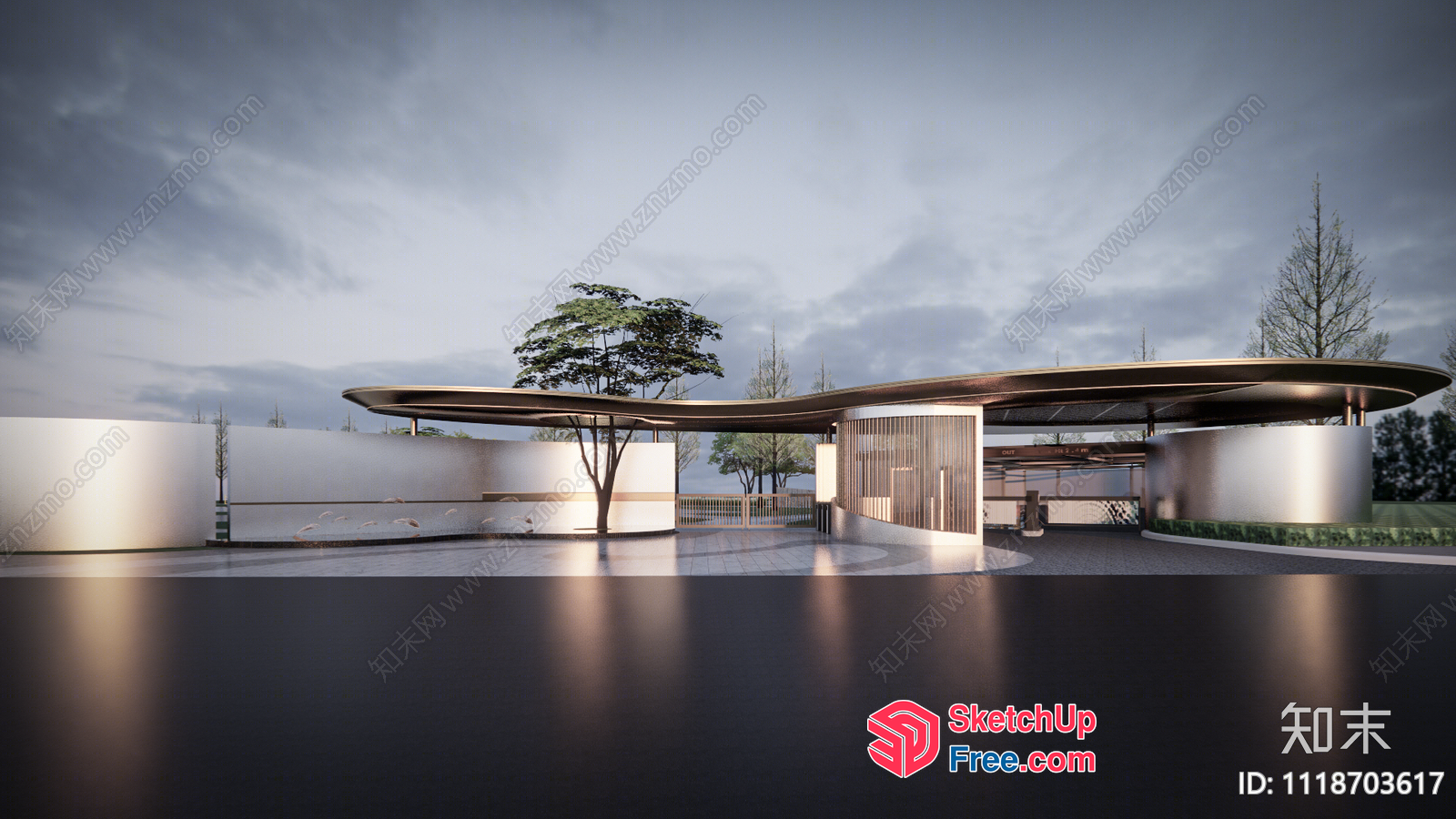 Exterior Modern Building With Large Overhangs And Trees 3D SketchUp File