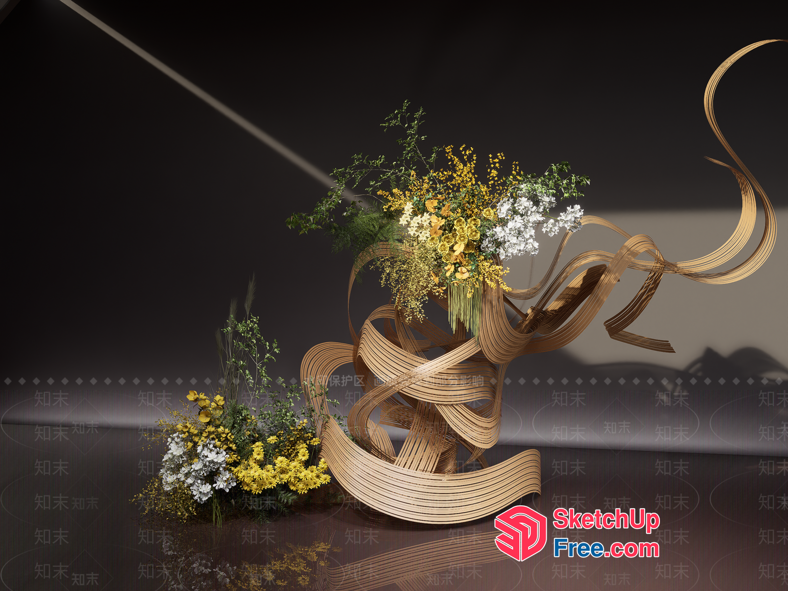 Elegant Modern Floral Arrangement With Curved Wooden Elements 3D SketchUp File