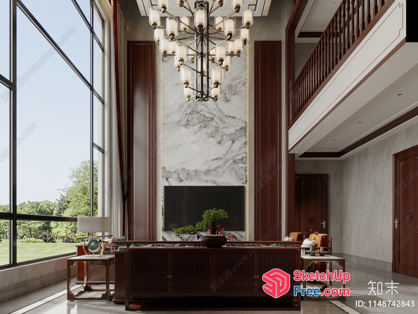 Grand Living Room With High Ceiling And Large Windows 3D SketchUp File