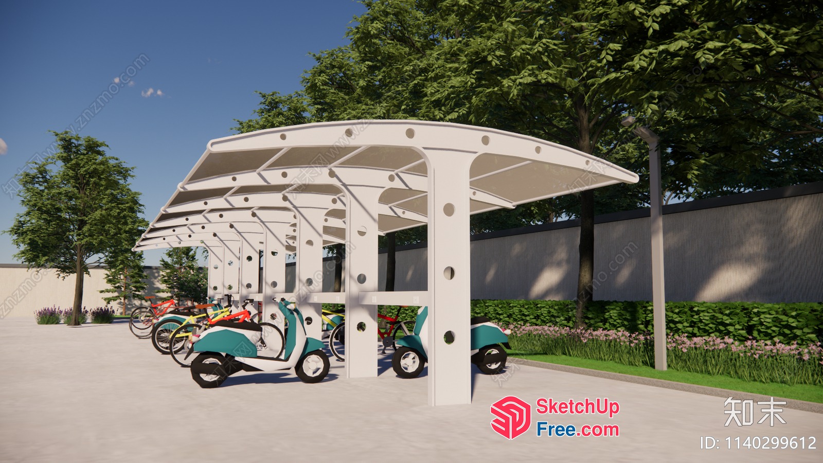 Outdoor Bicycle Parking Shelter With Scooters And Bicycles 3D SketchUp File