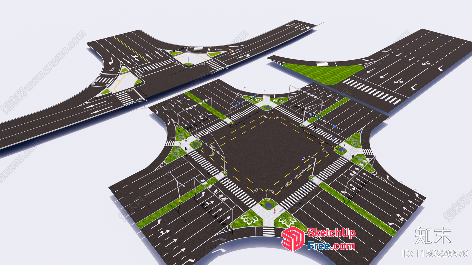 Road Intersection With Pedestrian Crossings And Green Spaces 3D SketchUp File