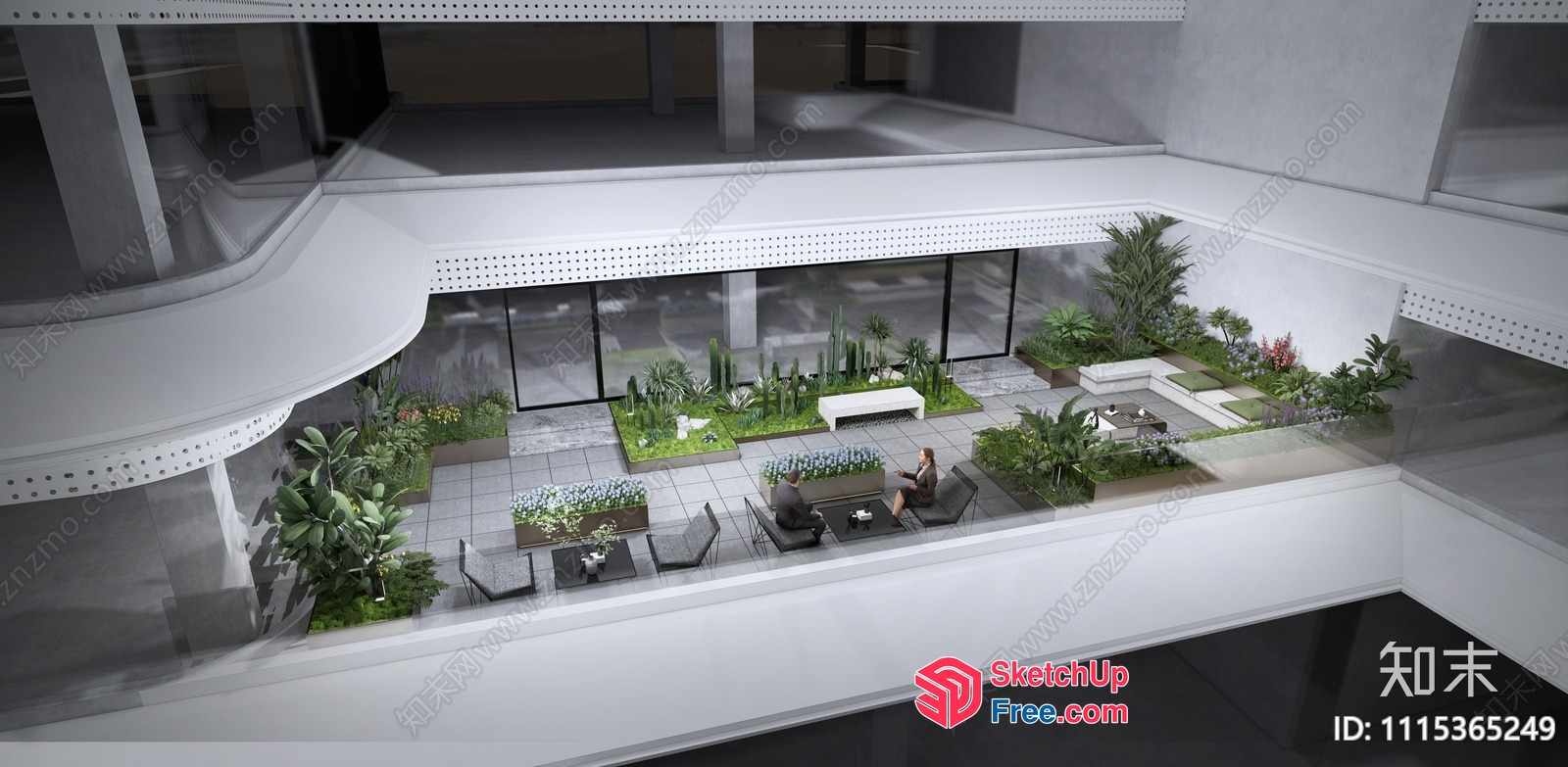 Elegant Modern Interior Courtyard With White Walls And Plants 3D SketchUp File