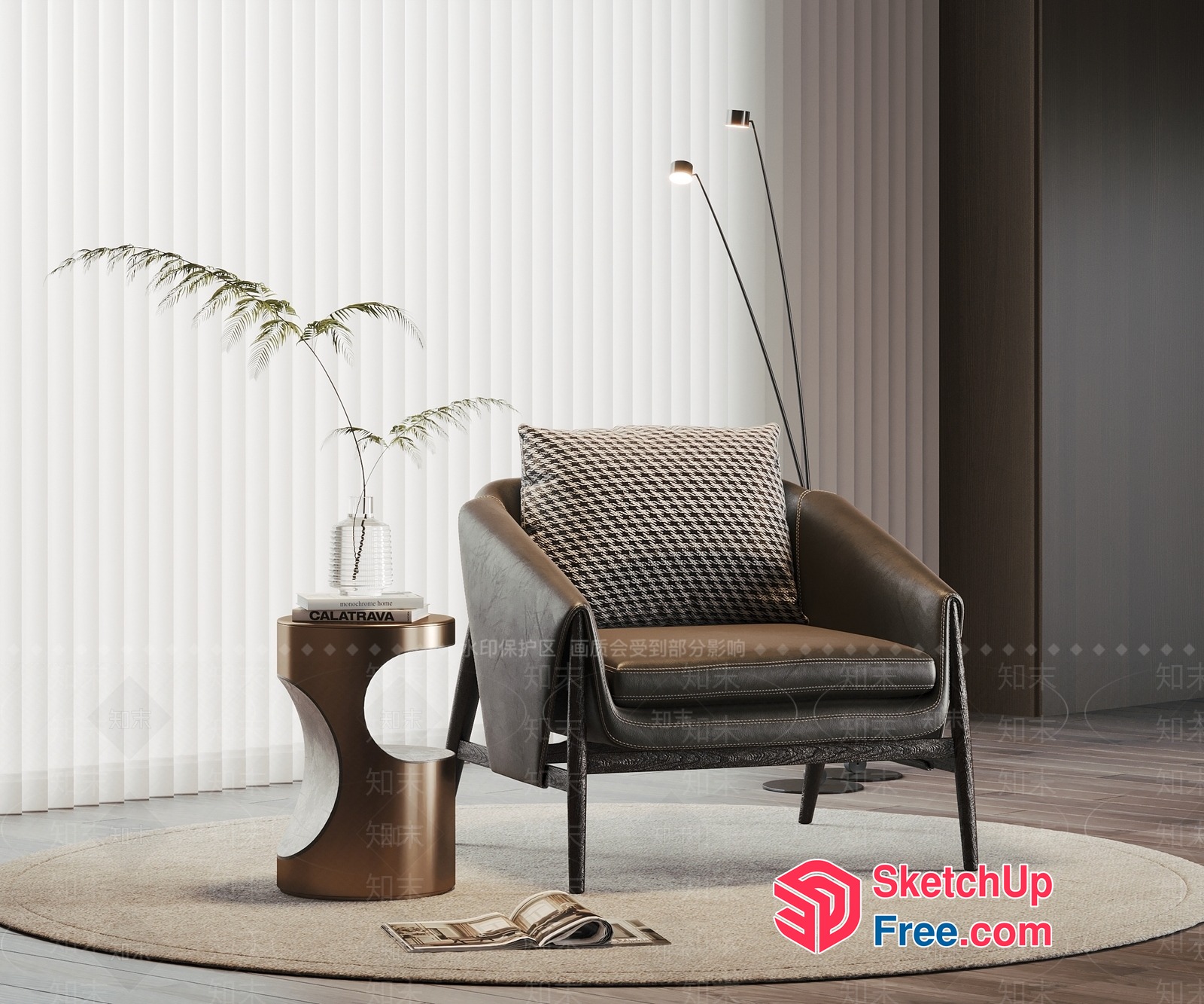 Elegant And Modern Living Room With Dark Brown Leather Chair 3D SketchUp File