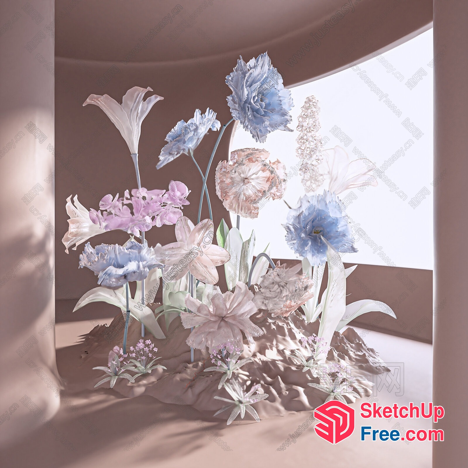 Pastel Colored Flowers In A Curved Room 3D SketchUp File