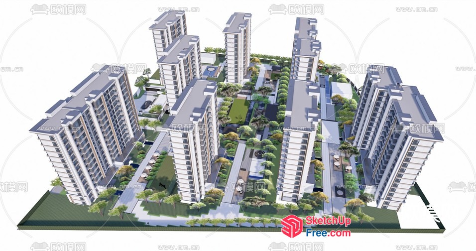 3D Rendering Of A Modern Apartment Complex With A Central Courtyard 3D SketchUp File