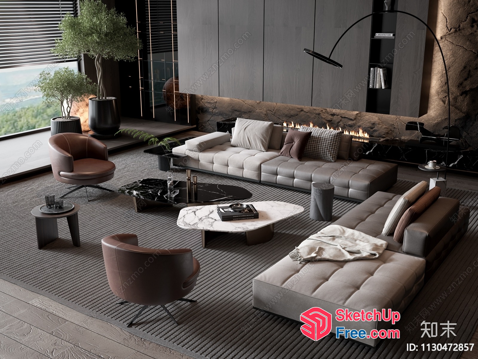 Luxurious Modern Living Room With Fireplace And Natural Light 3D SketchUp File