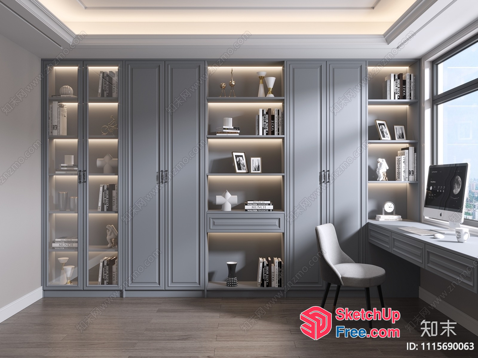 Modern Gray Bookcase With Built-In Lighting And Decor 3D SketchUp File