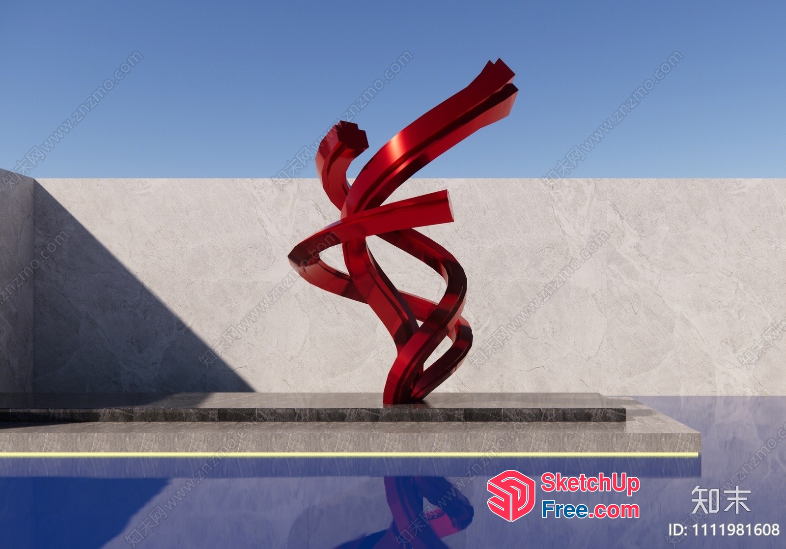 Abstract Red Sculpture In Modern Pool Setting 3D SketchUp File