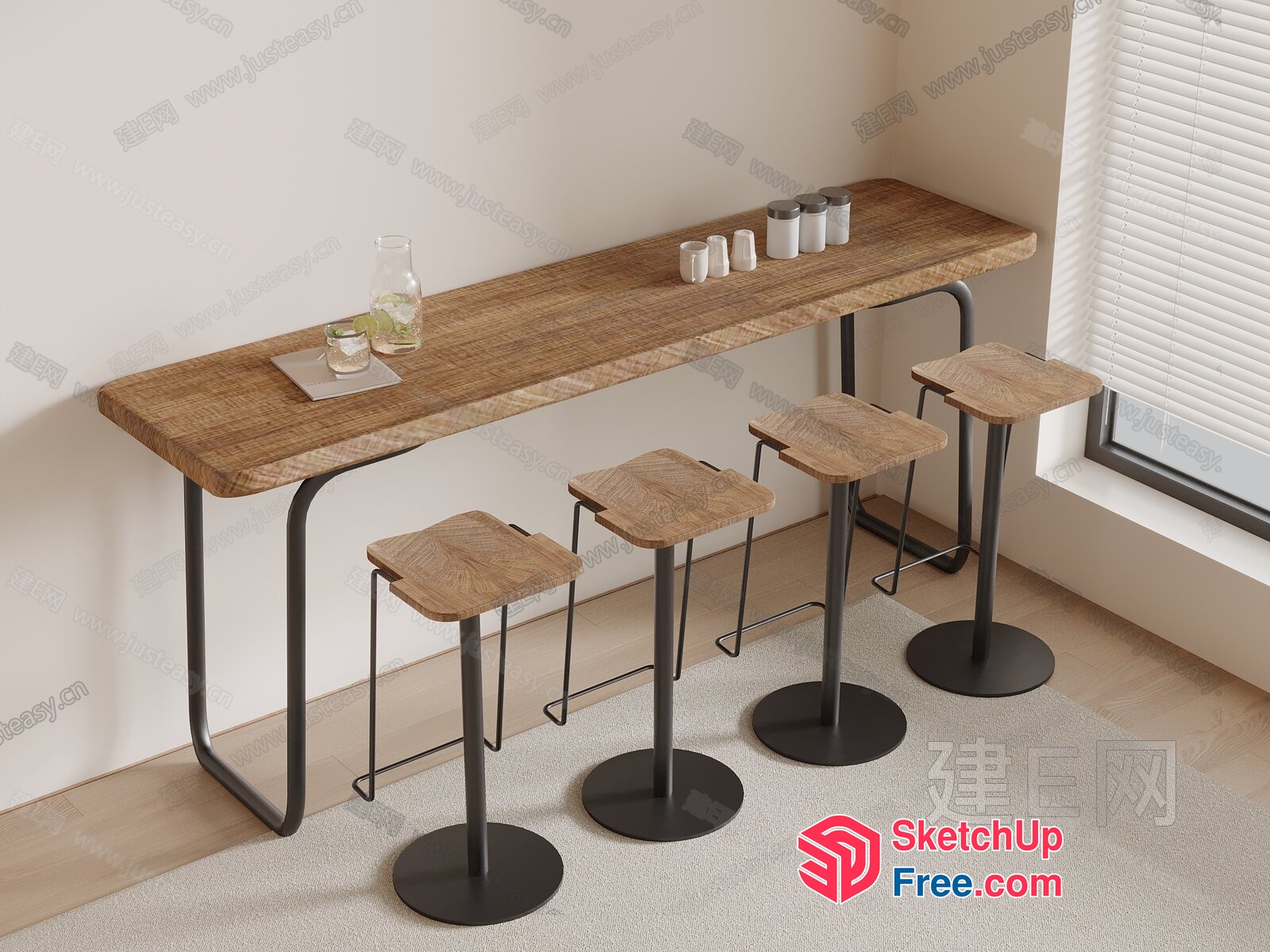 Modern Minimalist Kitchen Island With Stools 3D SketchUp File