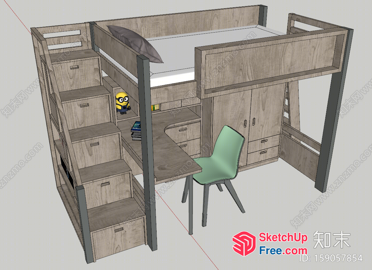 Children'S Loft Bed With Built-In Staircase And Desk 3D SketchUp File