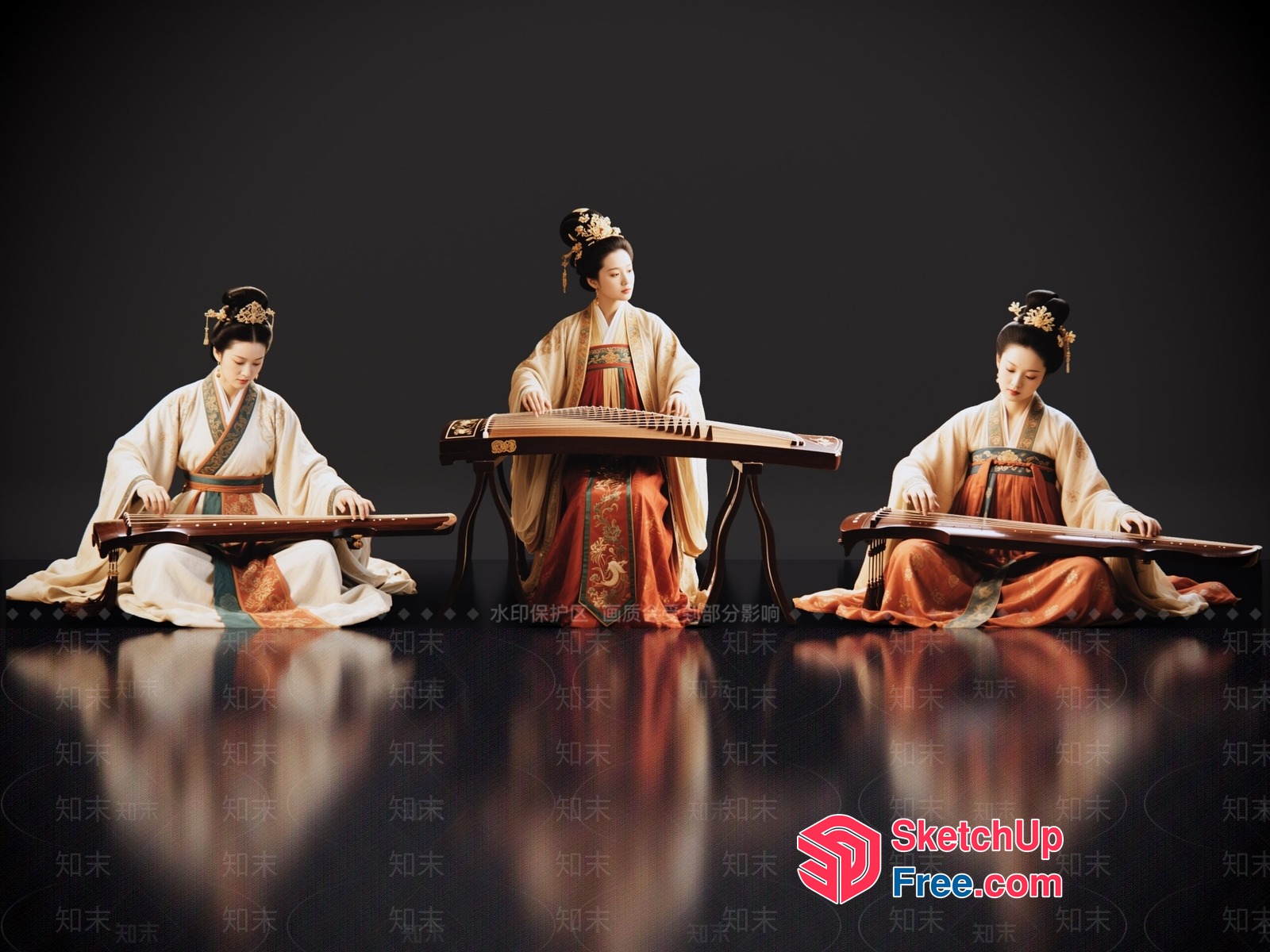 Three Women Playing Traditional Chinese Instruments 3D SketchUp File