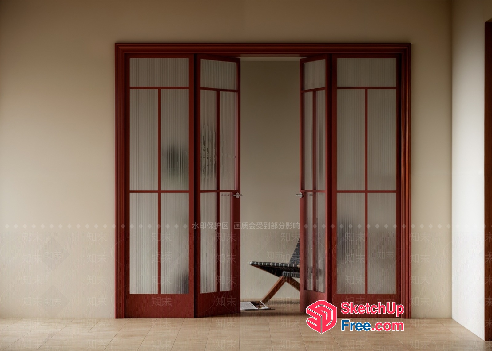 Elegant Red Door With Frosted Glass Panels 3D SketchUp File