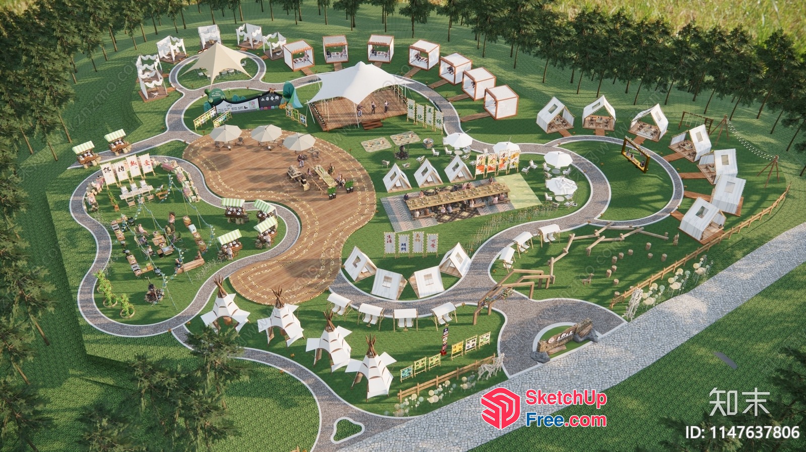 3D Rendering Of A Park With A Mix Of Modern And Traditional Architecture 3D SketchUp File