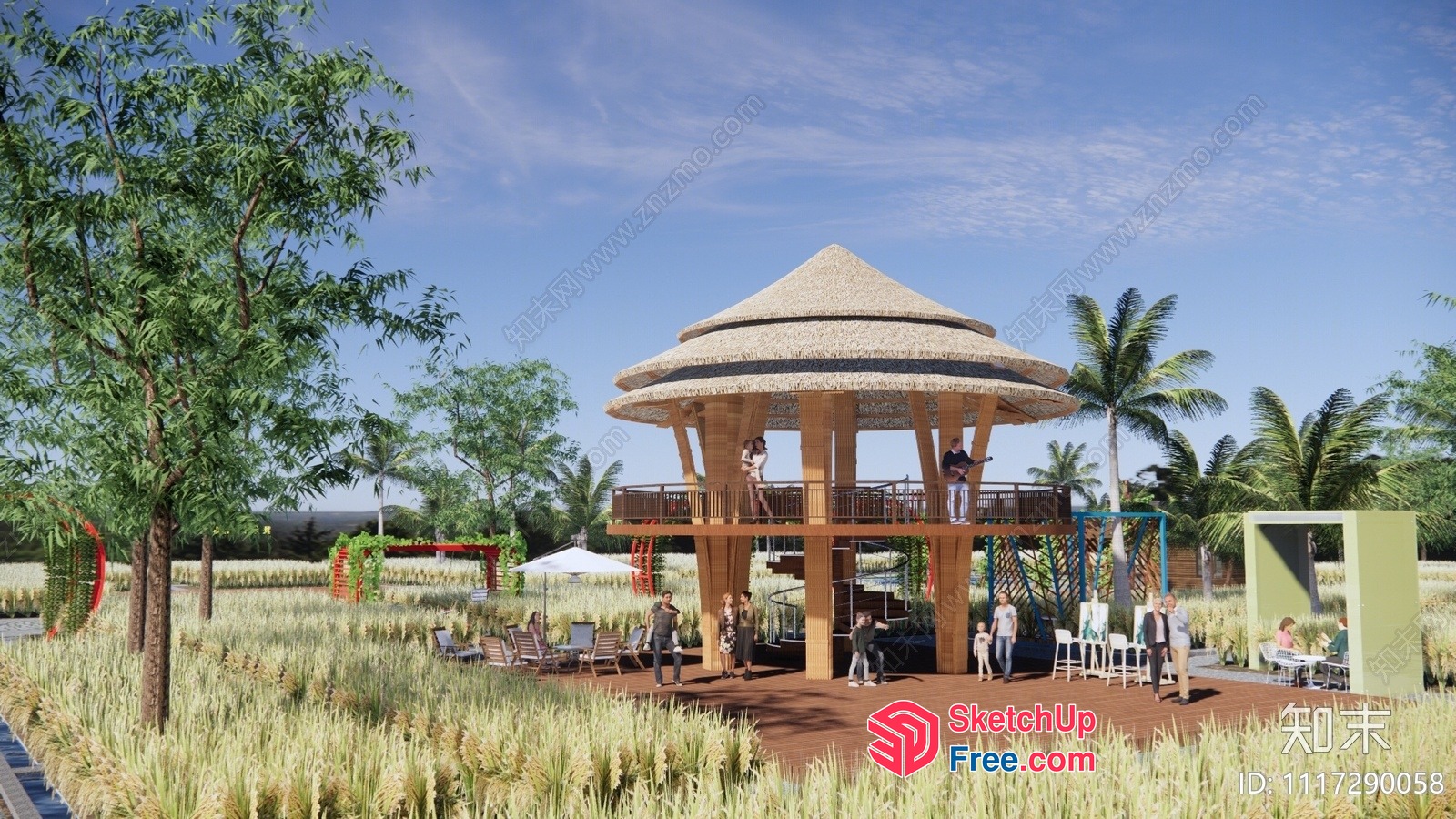 Tropical Outdoor Pavilion With Thatched Roof 3D SketchUp File