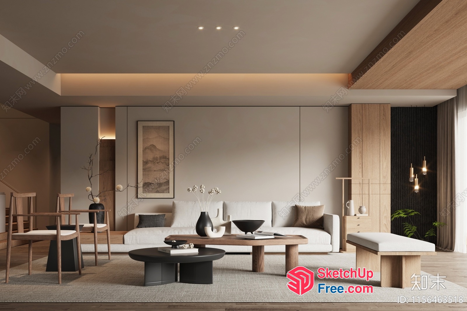 Minimalist Japanese-Style Living Room With Clean Lines And Natural Materials 3D SketchUp File