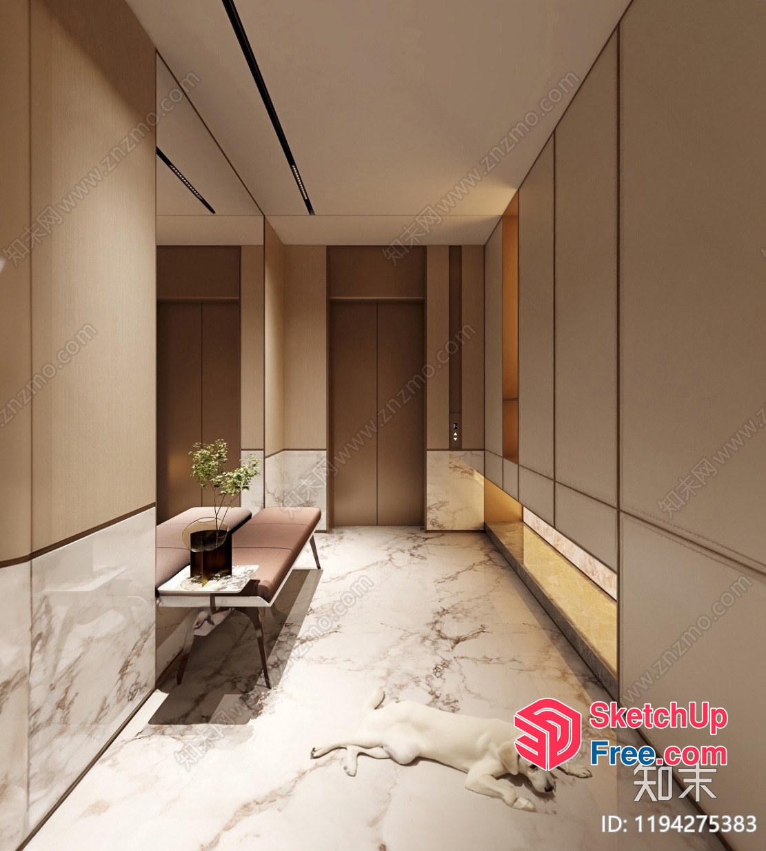 Marble And Wood Accentuated Interior Hallway 3D SketchUp File