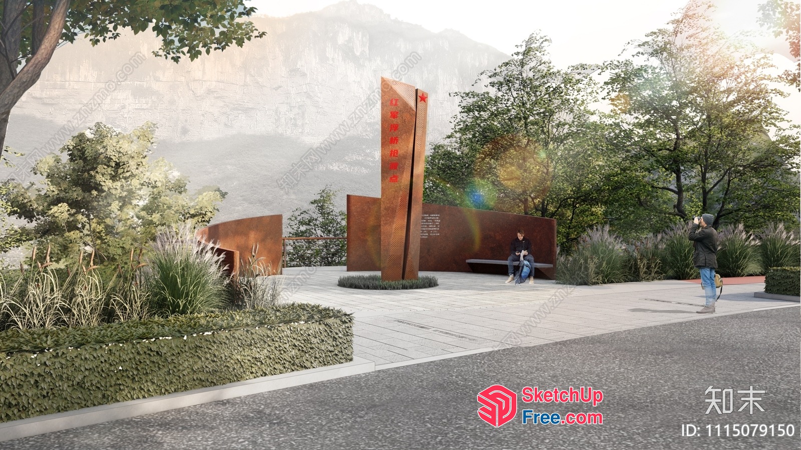 Monumental Outdoor Installation With Rustic Pillars And Benches 3D SketchUp File