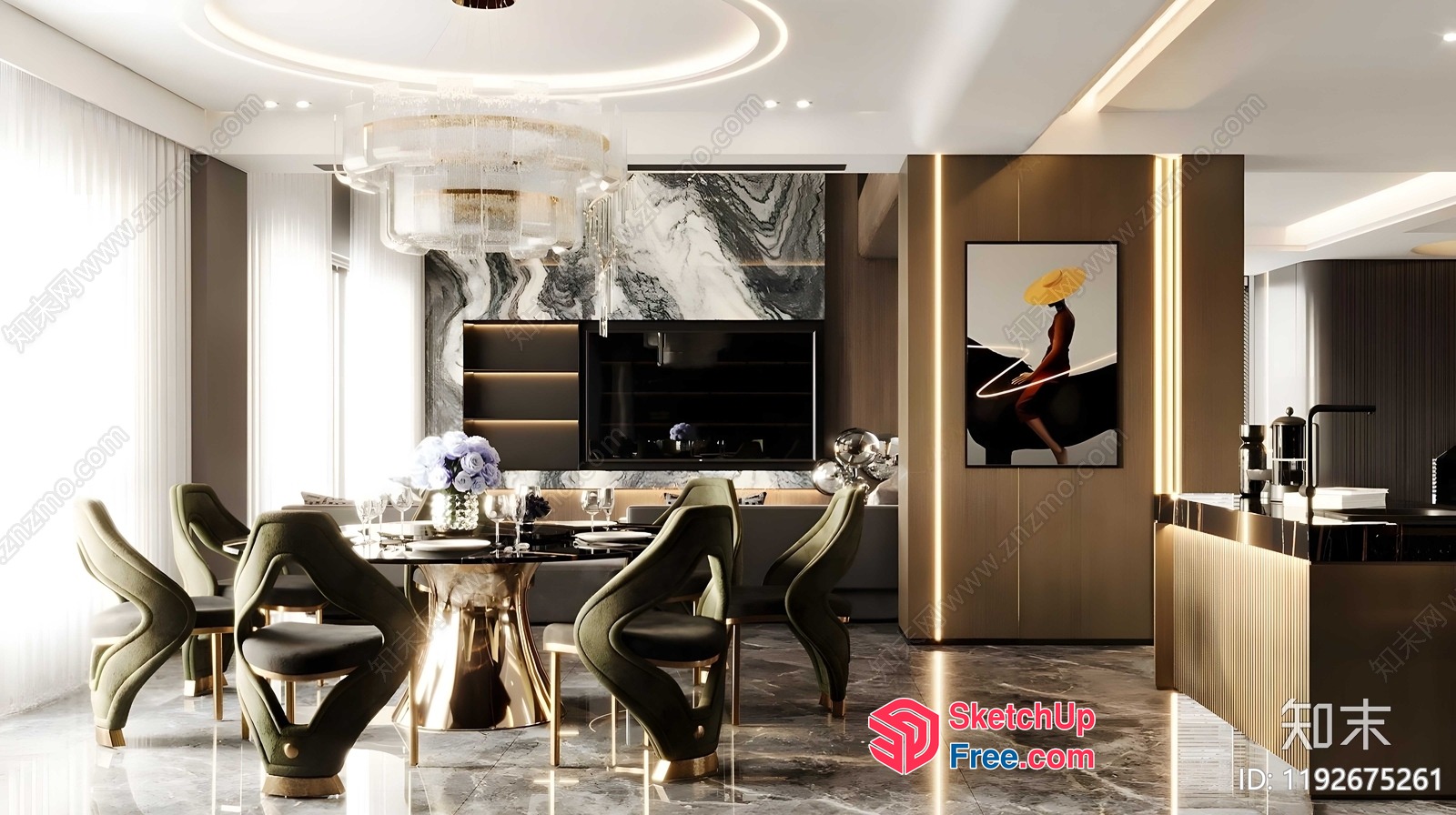 Luxurious Modern Dining Room With Marble Accents 3D SketchUp File
