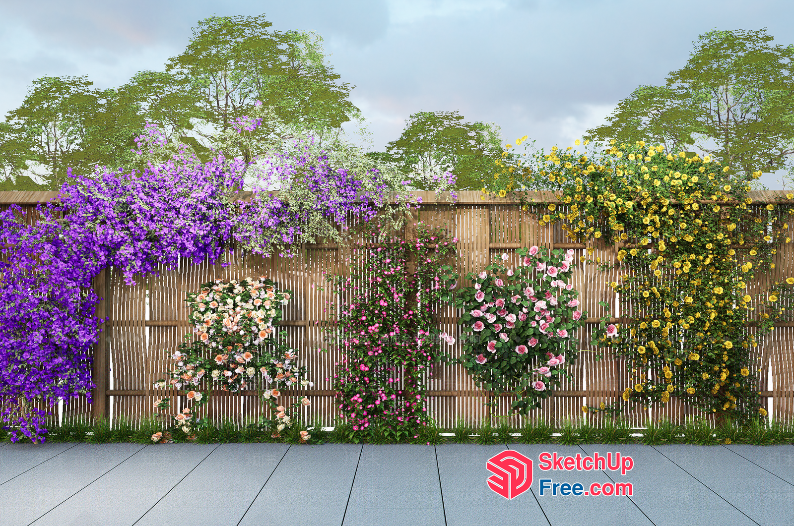 Exterior Decorative Wooden Fence With Various Flowers 3D SketchUp File