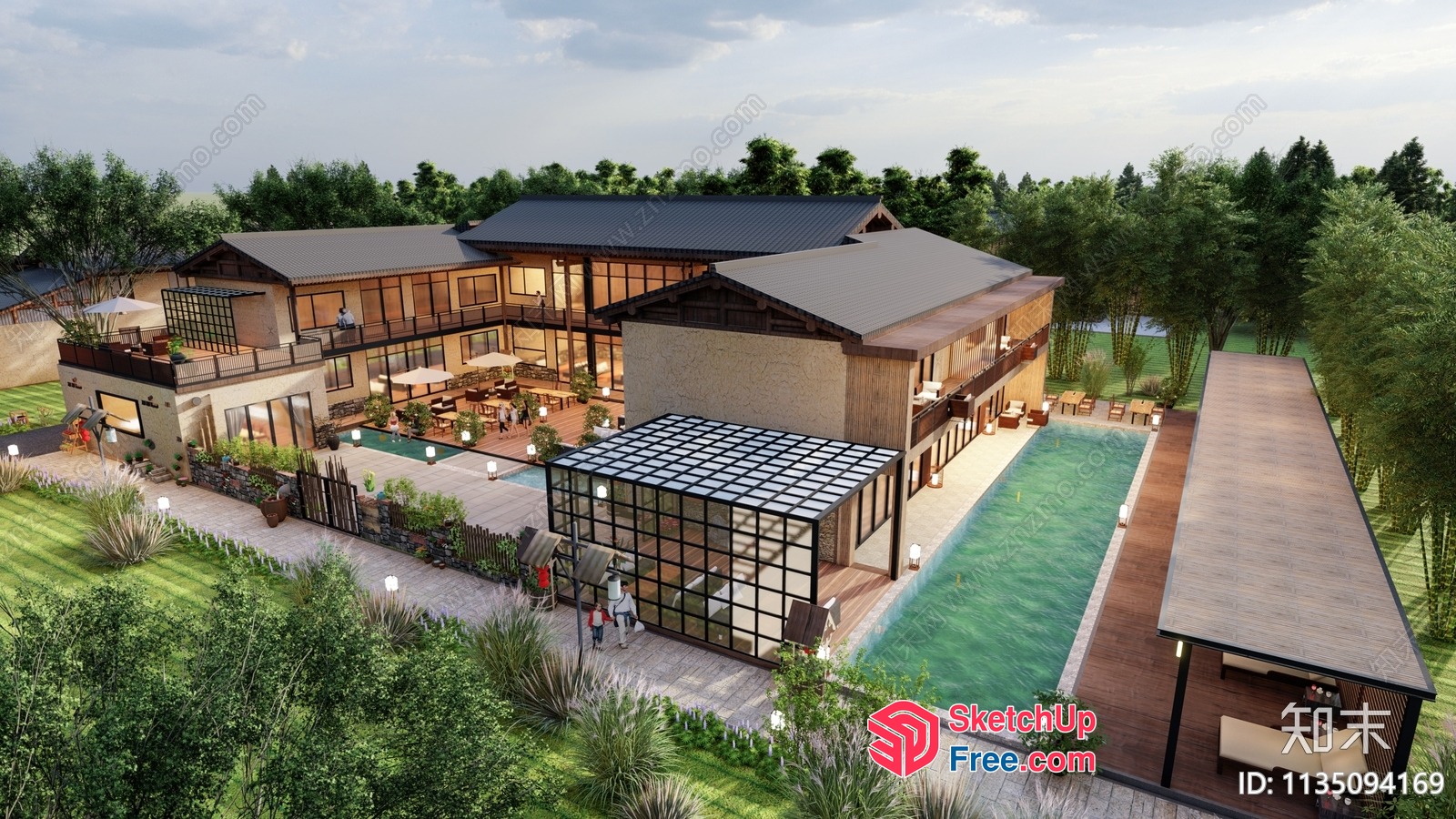 Exterior Homestay With Pool And Greenery 3D SketchUp File