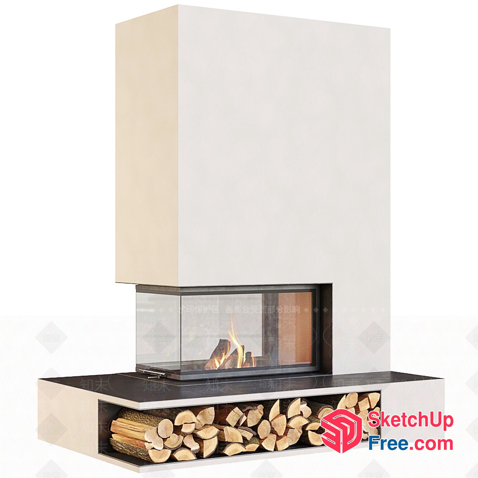 Modern Fireplace With Glass Enclosure And Wood Storage 3D SketchUp File