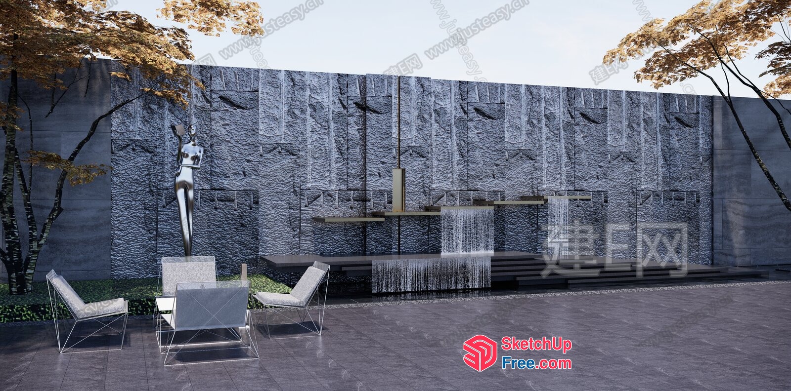 Elegant Outdoor Seating Area With Modern Waterfall Feature 3D SketchUp File