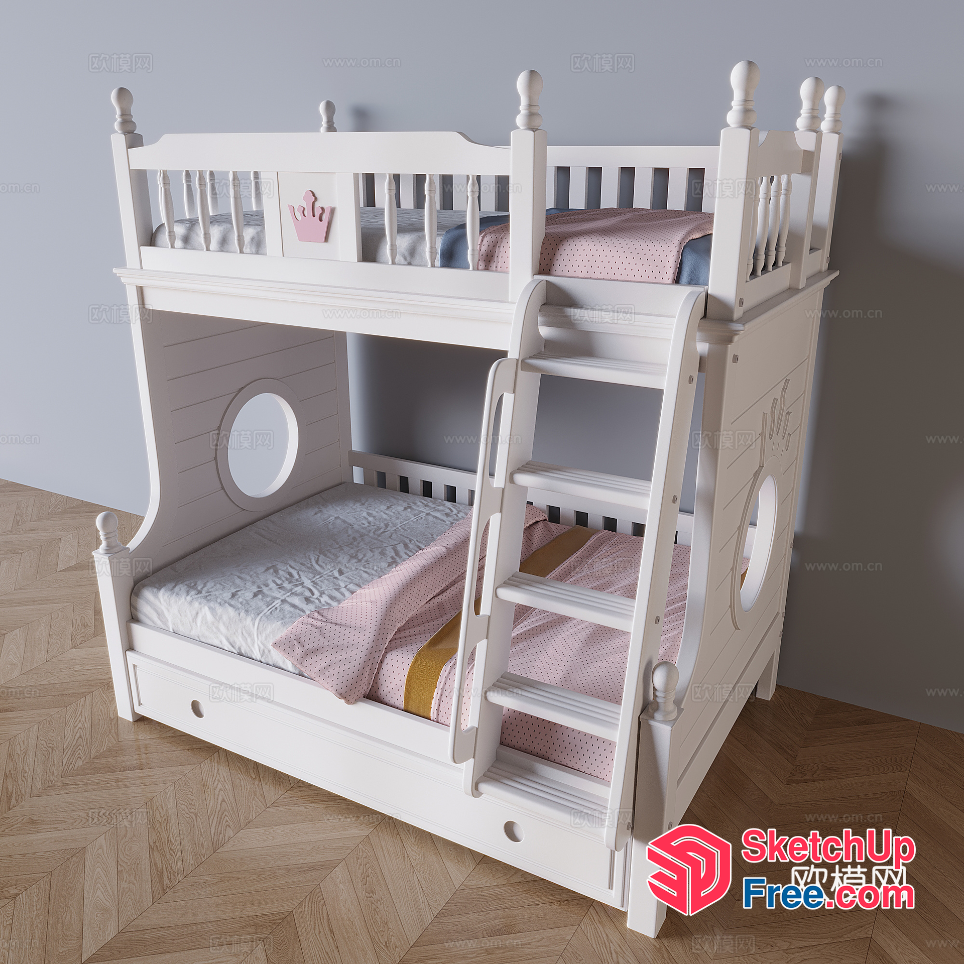 White Bunk Bed With Pink Crown Accent 3D SketchUp File