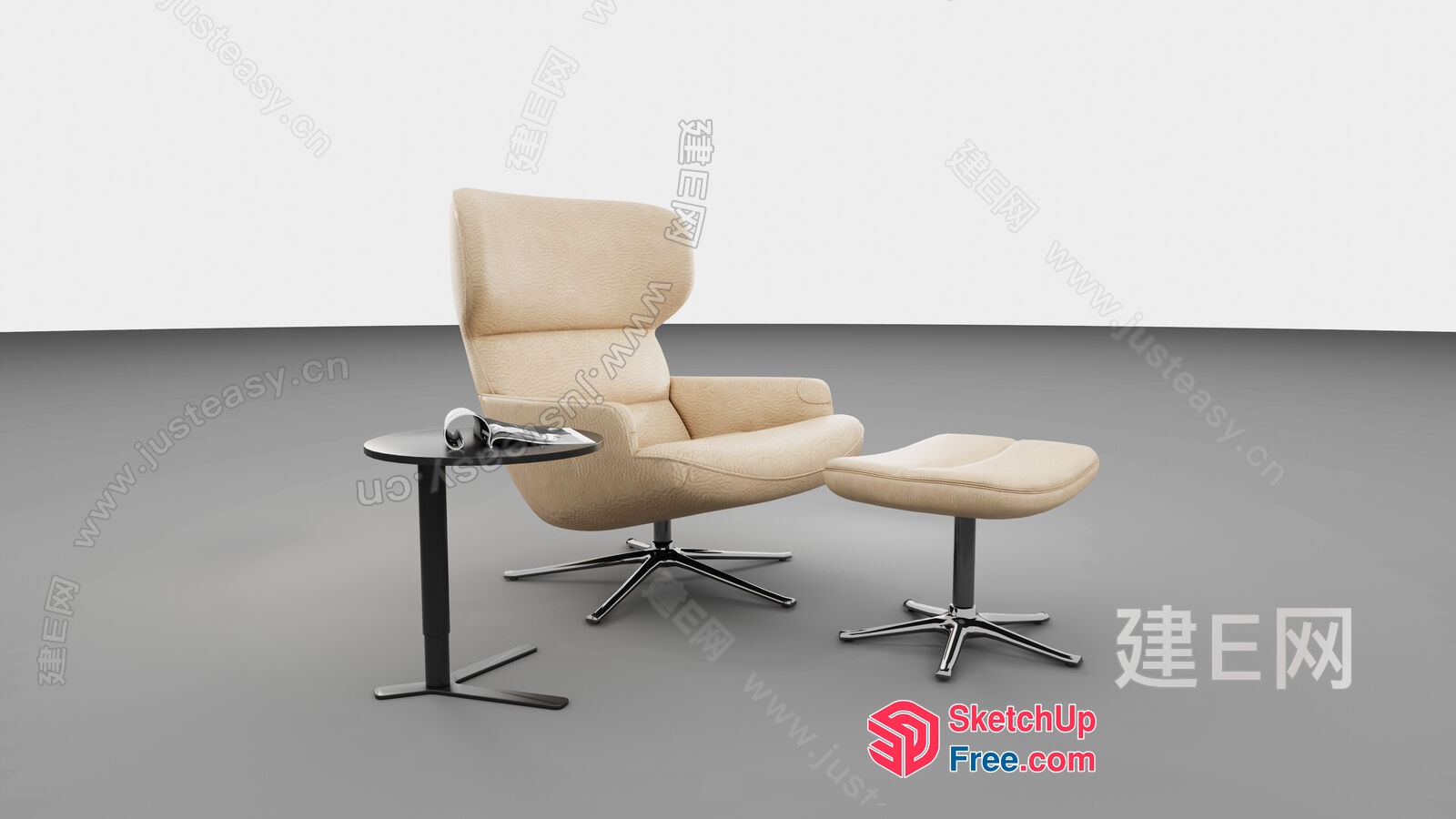 Modern Creamy Style Armchair And Ottoman Set 3D SketchUp File