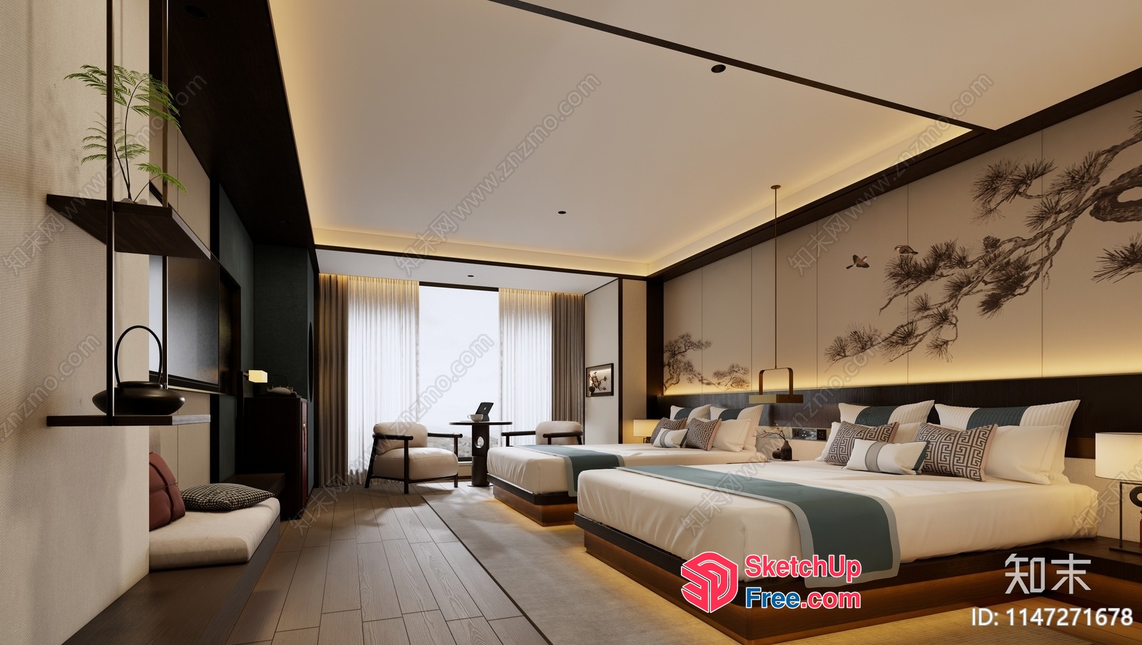 Elegant And Modern Japanese-Style Hotel Bedroom 3D SketchUp File