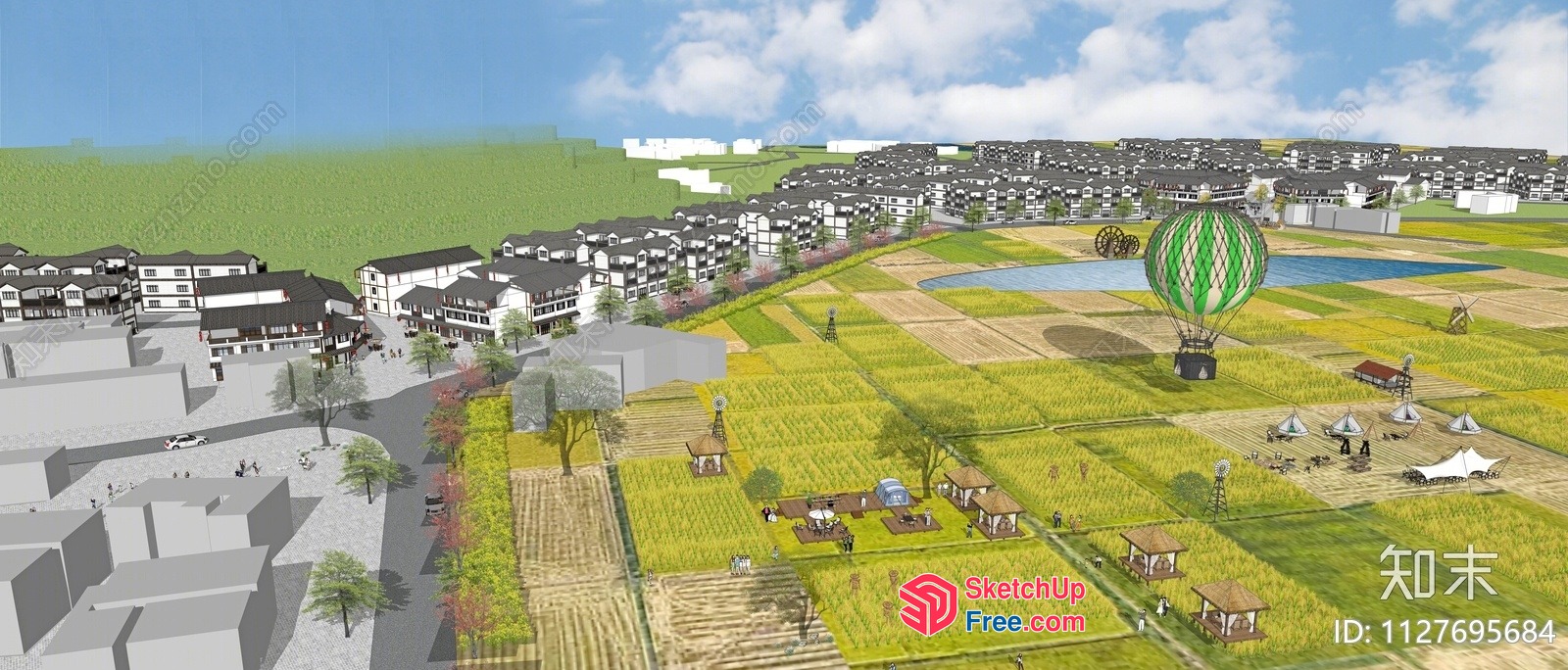 3D Rendering Of A Rural Town With A Hot Air Balloon 3D SketchUp File