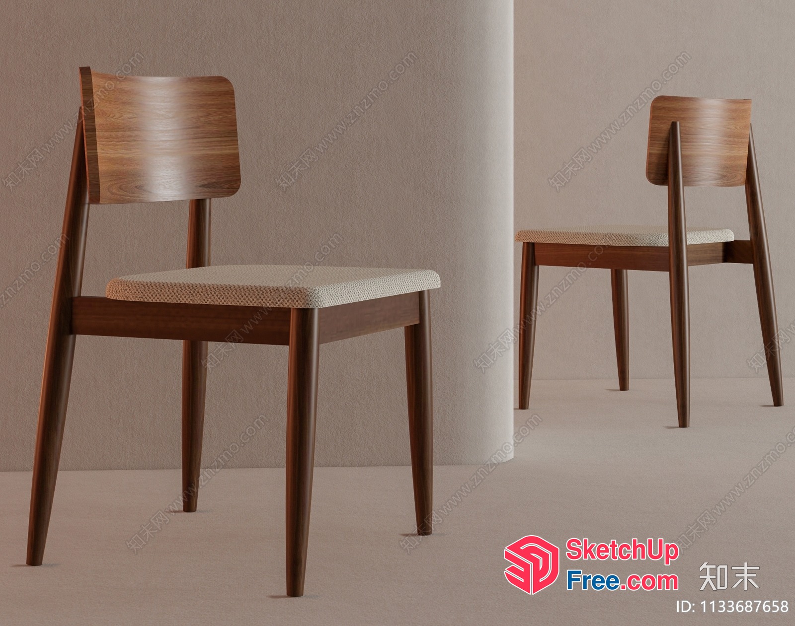 Modern Wooden Chair With Cream Cushion 3D SketchUp File