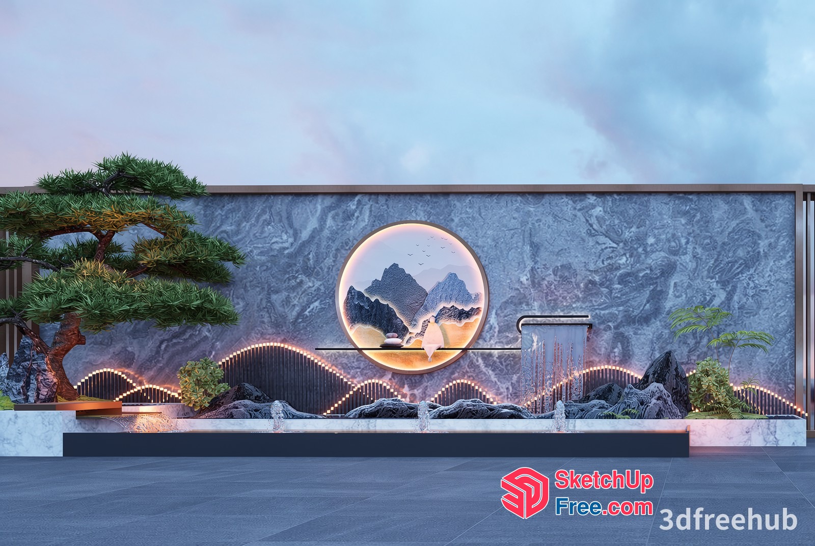Modern Japanese Style Interior Scene With Mountain And Waterfall 3D SketchUp File