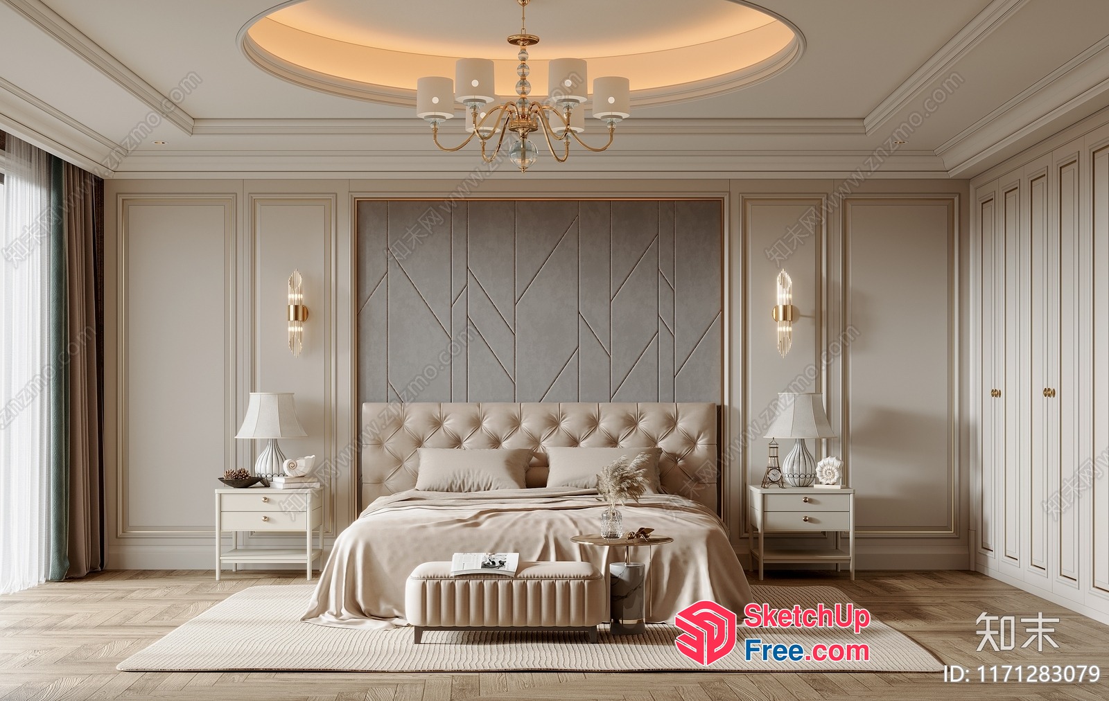 Elegant Creamy Style Bedroom With Tufted Headboard And Pillows 3D SketchUp File