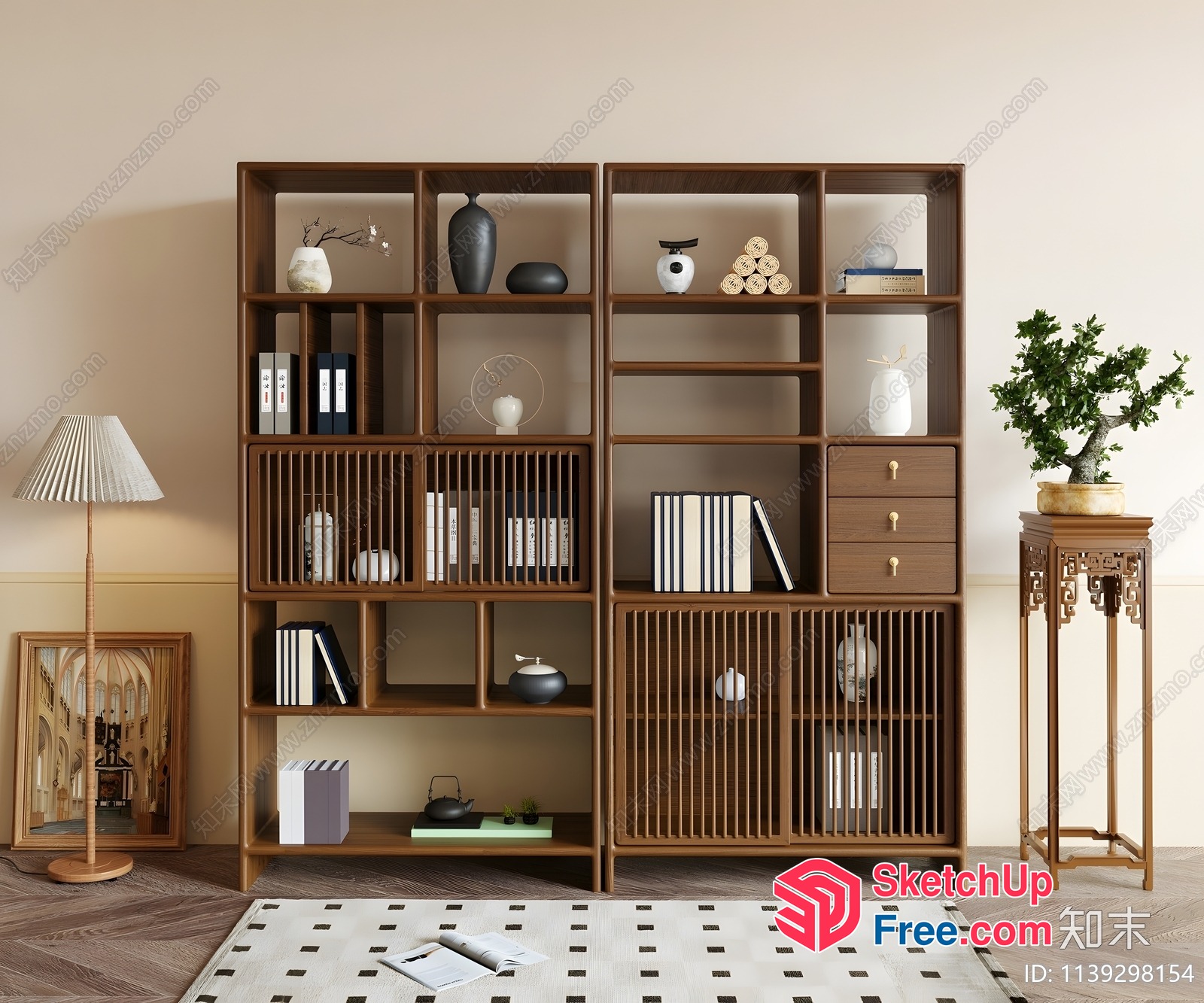 Modern Asian-Inspired Bookcase With Decorative Shelf 3D SketchUp File
