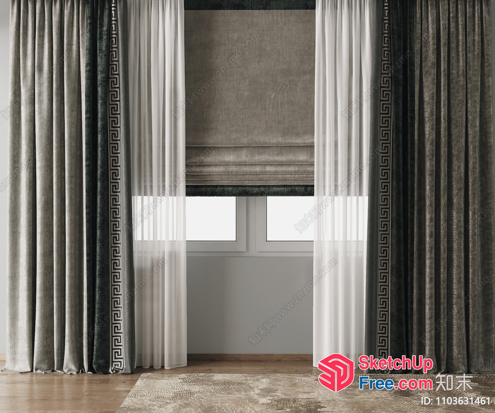 Elegant Living Room With Roman Shades And Sheer Curtains 3D SketchUp File