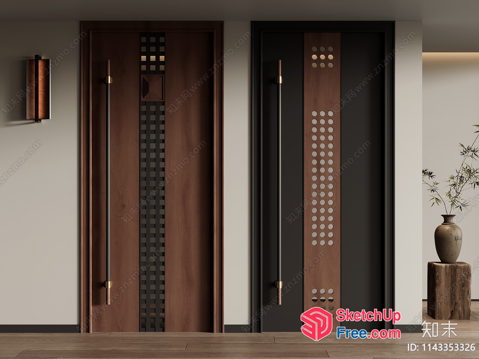 Modern Wooden Doors With Metal Accents And Handles 3D SketchUp File