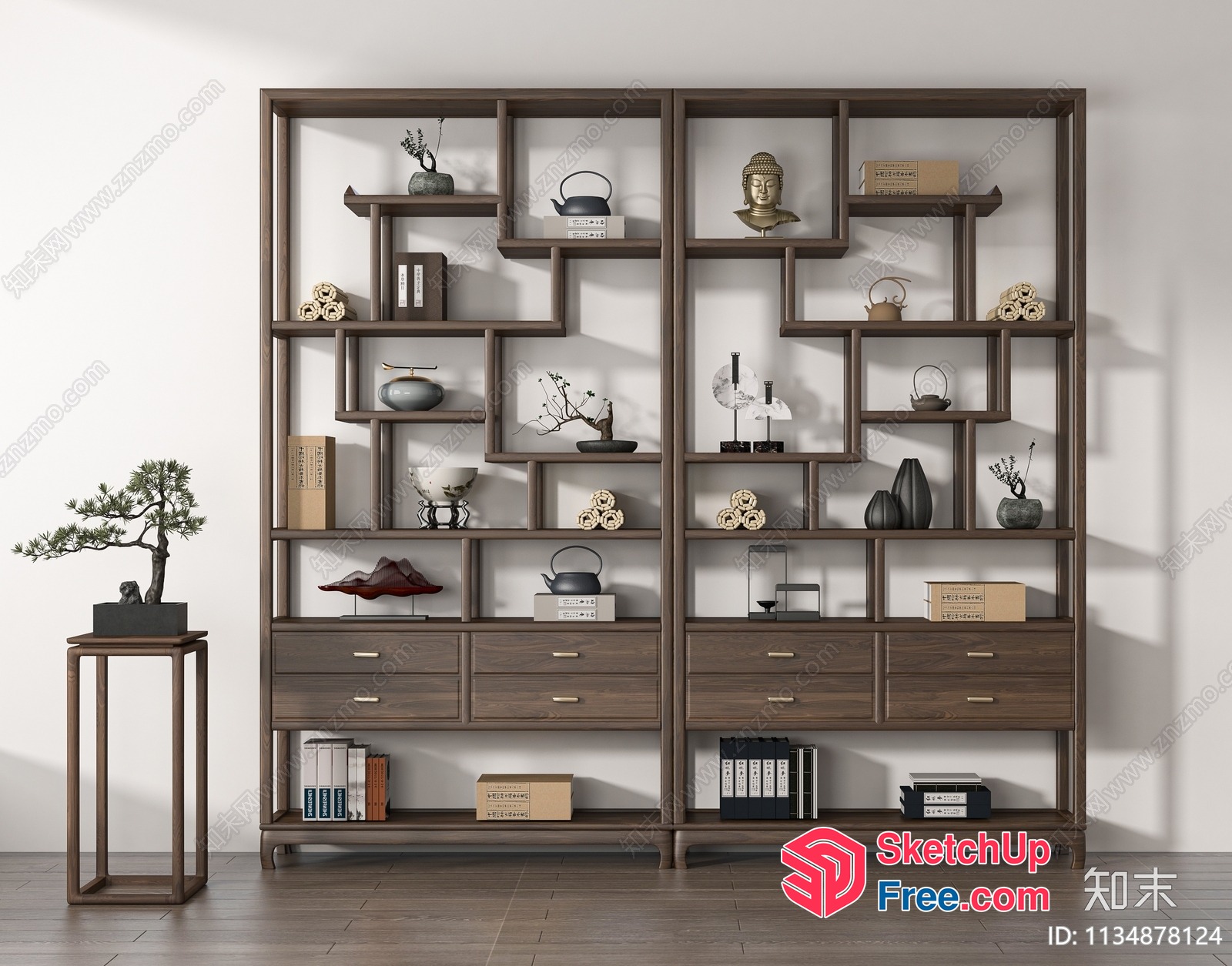 Elegant Wooden Bookcase With Ornate Decorations 3D SketchUp File