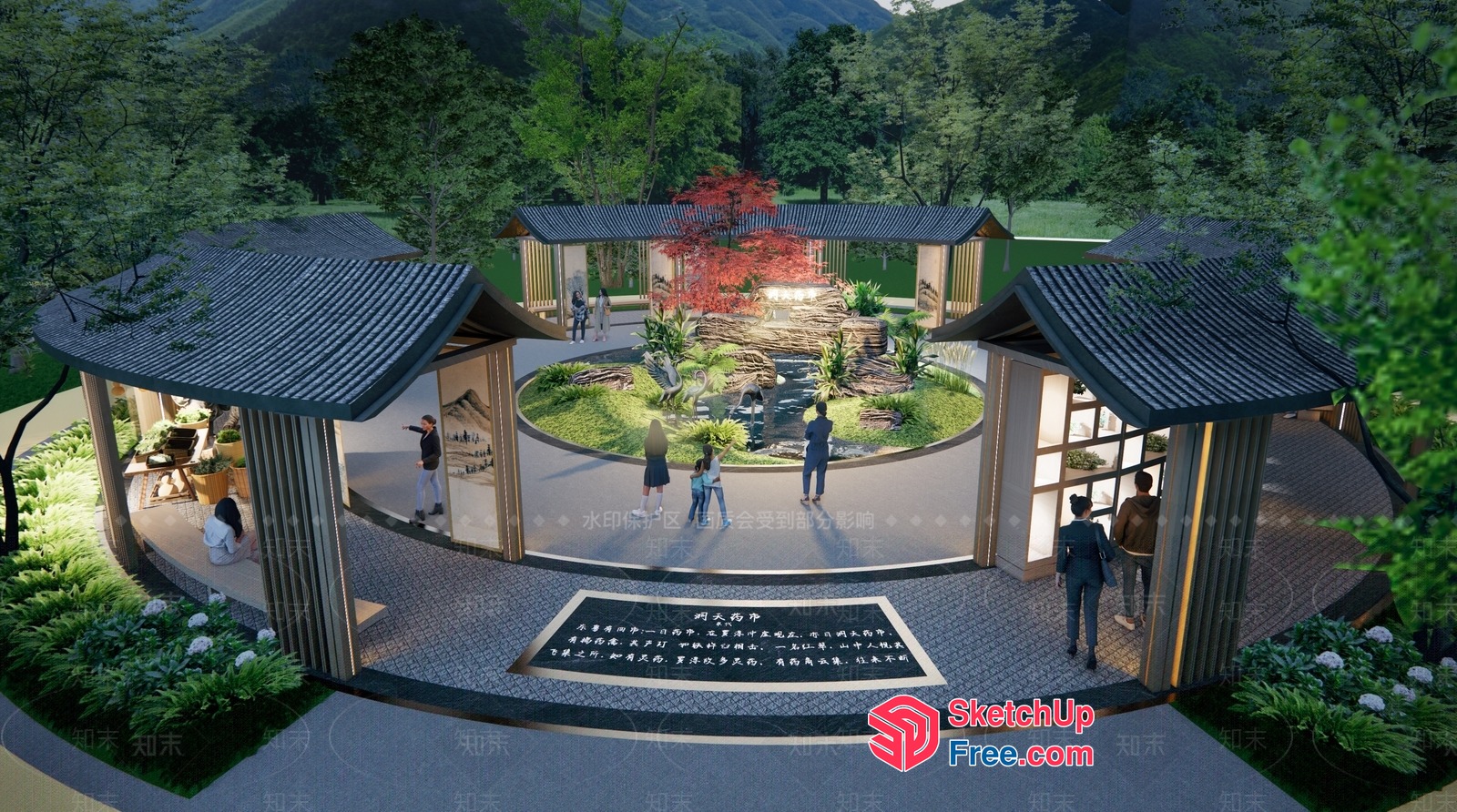 Modern Japanese-Inspired Exterior Decor With Traditional Roof Synthesis 3D SketchUp File