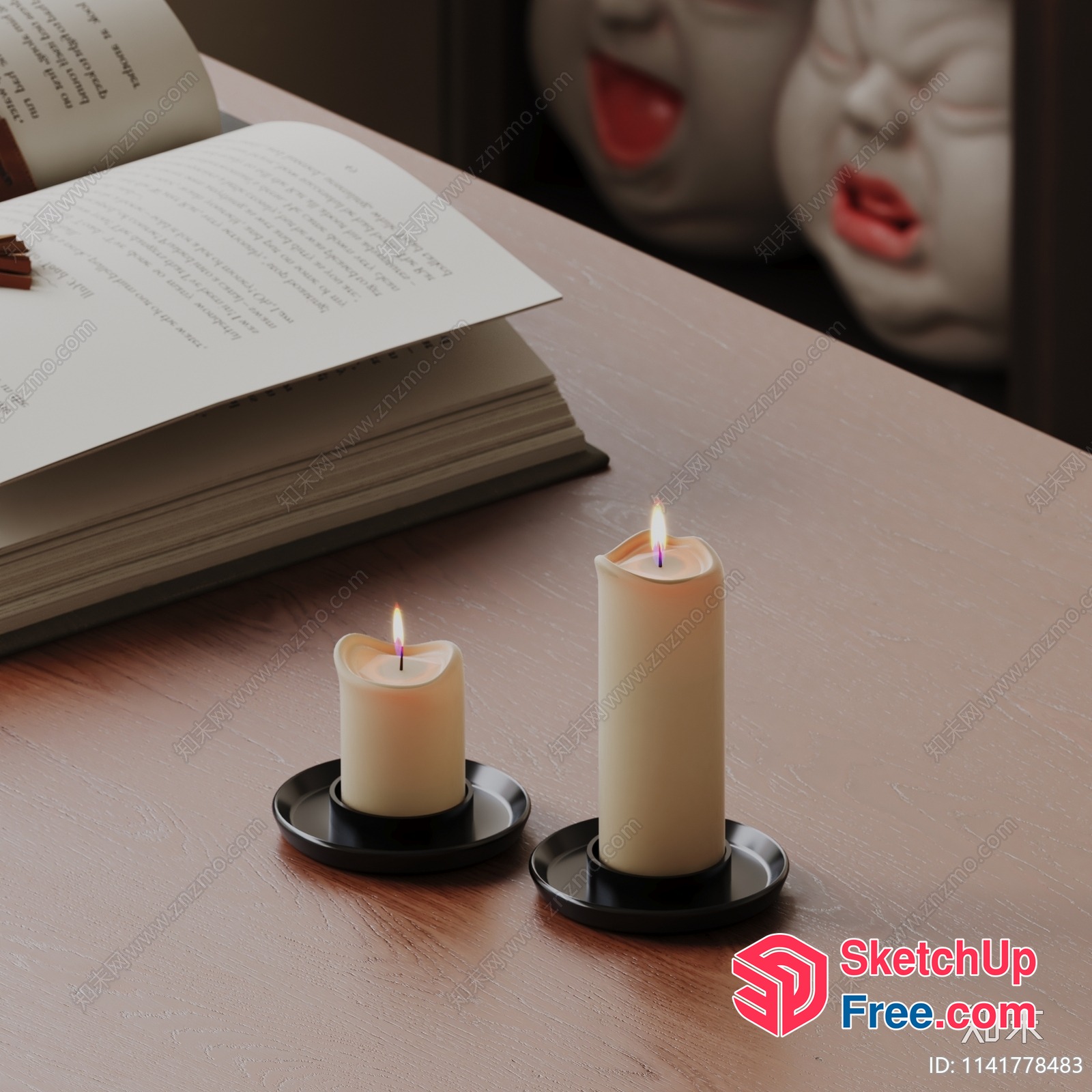 Candles And Books On A Wooden Table 3D SketchUp File