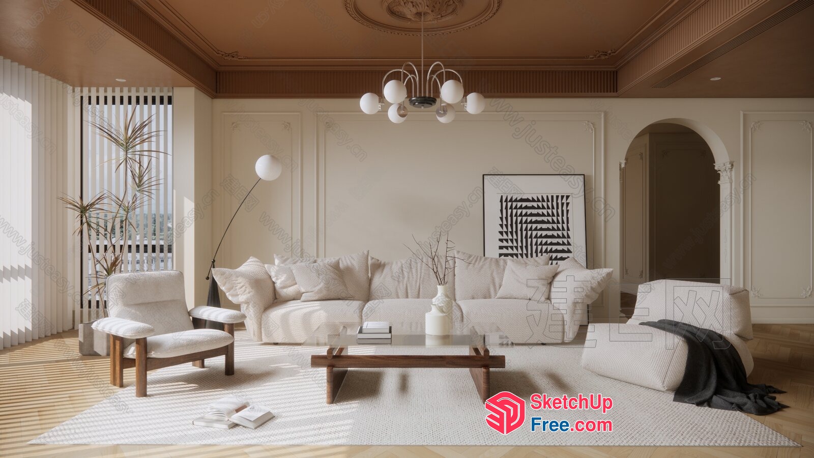 Elegant White And Brown Living Room 3D SketchUp File